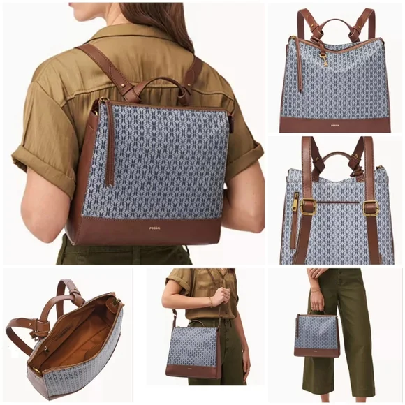 Fossil Geometric Blue and Brown Backpack with Leather Accents - Picture 10 of 10